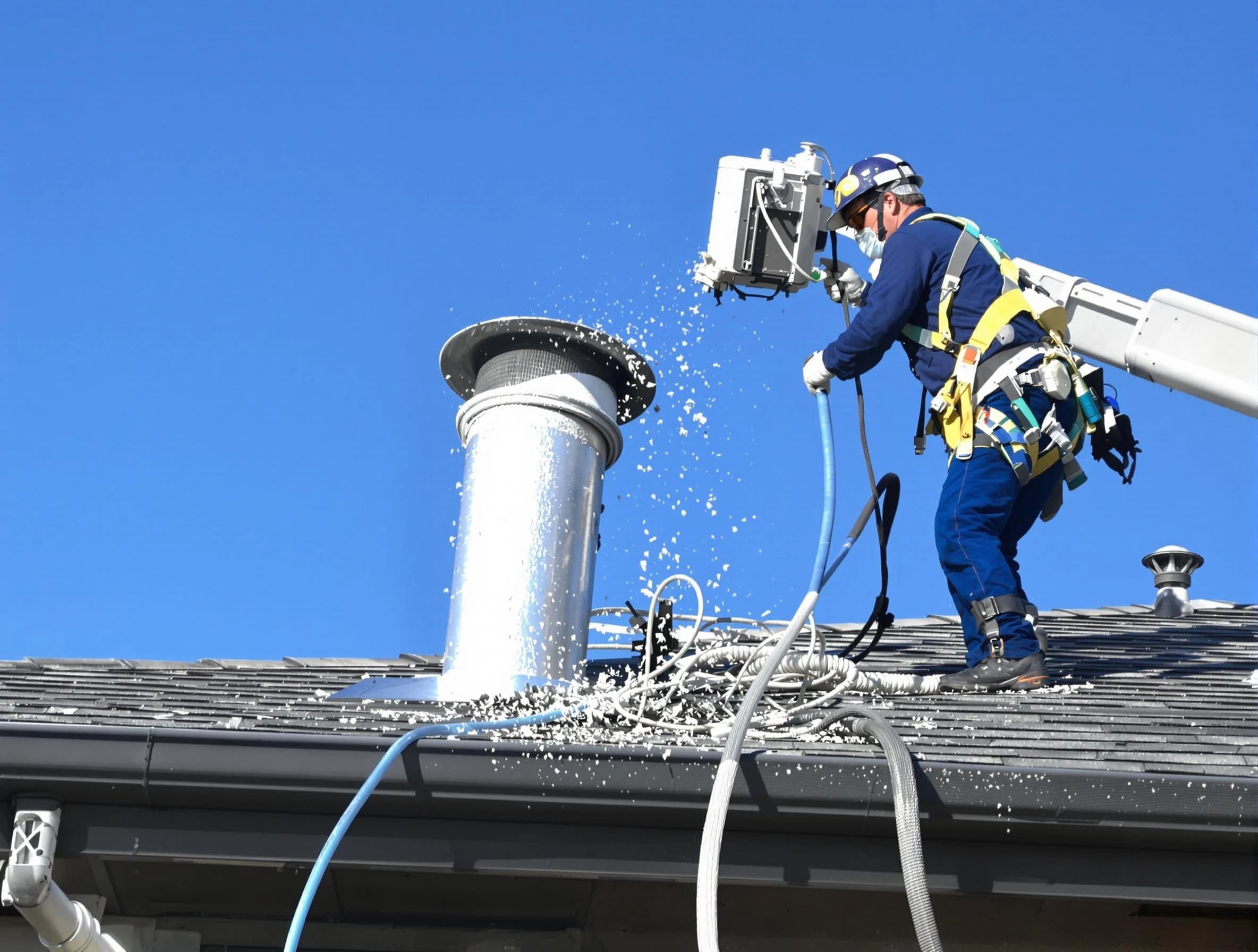 Bonanza Dryer Vent Cleaning certified technician safely cleaning a roof-mounted dryer vent in Bonanza