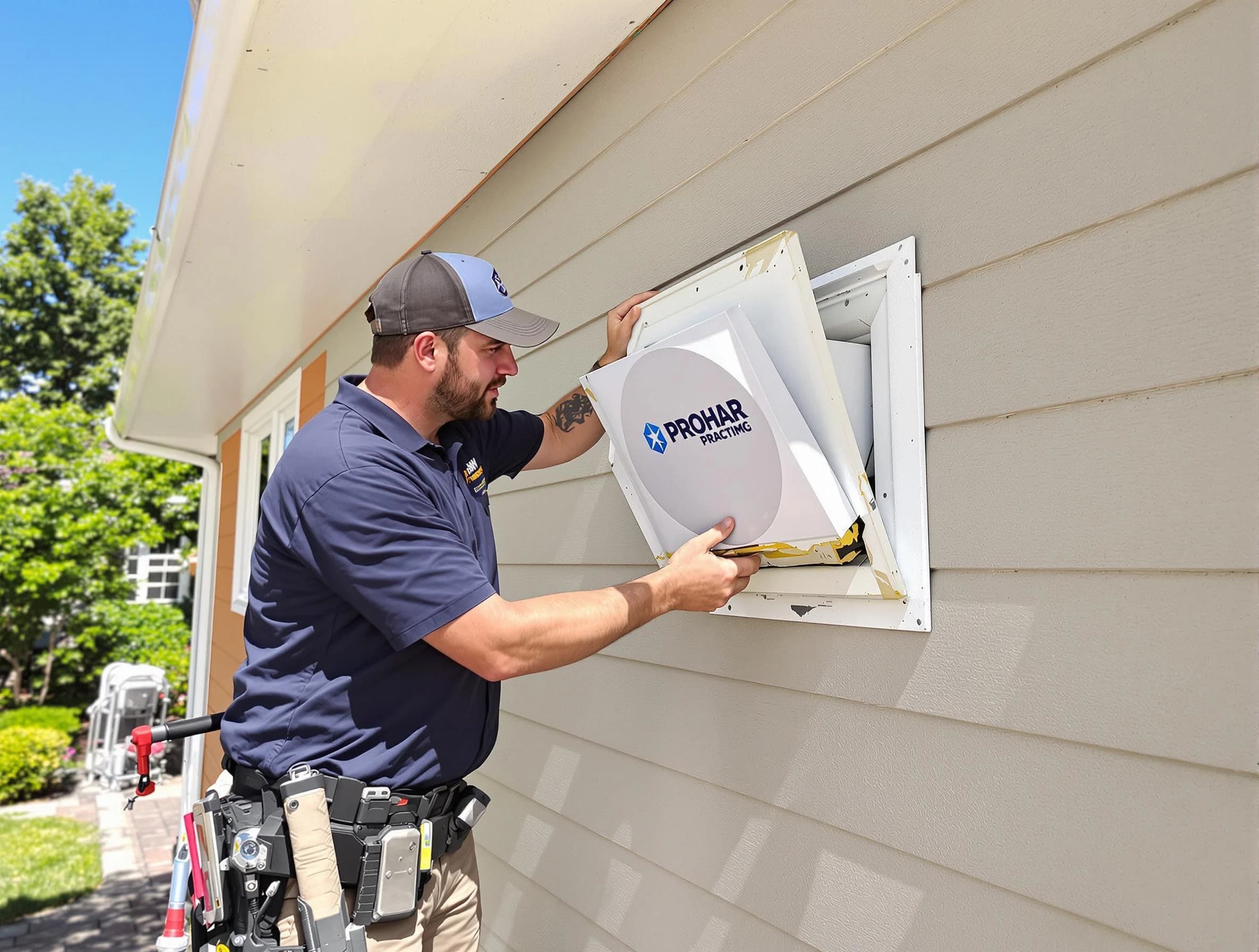 Bonanza Dryer Vent Cleaning technician installing a new protective dryer vent cover on a home in Bonanza