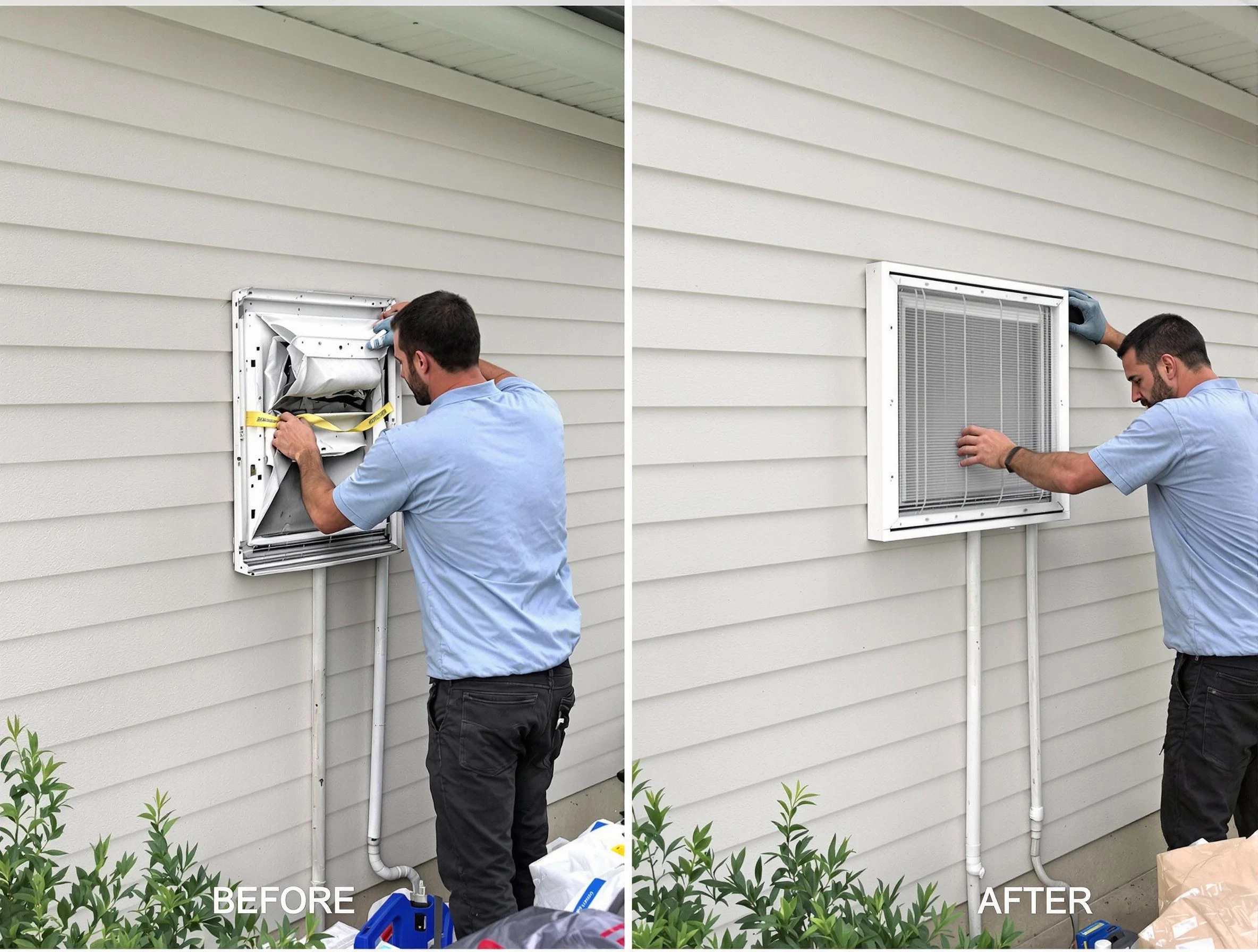 Bonanza Dryer Vent Cleaning technician installing high-quality dryer vent cover at a residential property in Bonanza